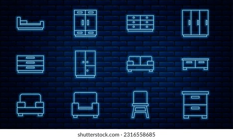 Set line Furniture nightstand, Chest of drawers, Wardrobe, Bed, Sofa and  icon. Vector