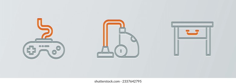 Set line Furniture nightstand, Gamepad and Vacuum cleaner icon. Vector