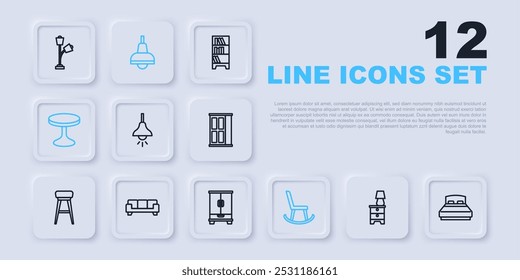 Set line Furniture nightstand with lamp, Big bed, Lamp hanging, Armchair, Round table, Sofa,  and Wardrobe icon. Vector