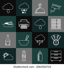 Set line Furniture nightstand, Medal, Server, Data, Web Hosting, Covered with tray of food, Printer, Ship, Cloud download and upload icon. Vector