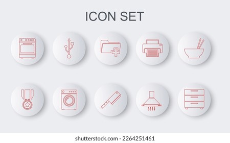 Fijar la línea Pista de Muebles, Medalla con estrella, Añadir nueva carpeta, Ventilador del extractor de cocina, Horno, USB, Washer y el icono del helicóptero de carne. Vector