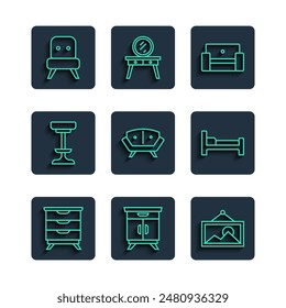 Set line Furniture nightstand, Picture, Armchair, Sofa, Chair,  and Bed icon. Vector