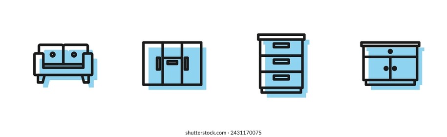 Set line Furniture nightstand, Sofa, Wardrobe and  icon. Vector