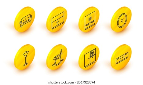 Set line Furniture nightstand, Wardrobe, Armchair, Floor lamp, Mirror,  and Sofa icon. Vector