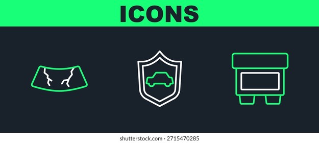 Fije el fusible de la línea, el parabrisas roto y el coche con el icono. Vector