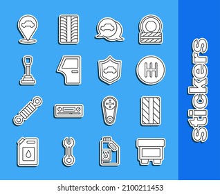 Set line Fuse, Car tire wheel, Gear shifter, service, door, Location with car and shield icon. Vector