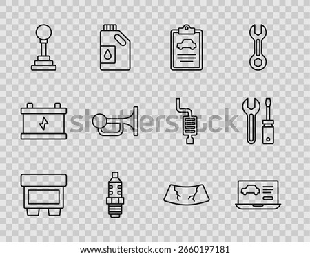 Set line Fuse, Diagnostics condition of car, Car inspection, spark plug, Gear shifter, Signal horn vehicle, Broken windshield and Screwdriver and wrench spanner icon. Vector