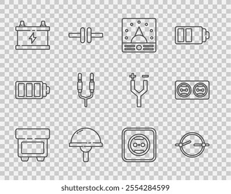 Set line Fuse, Electric circuit scheme, Ampere meter, multimeter, voltmeter, Light emitting diode, Car battery, Audio jack, Electrical outlet and  icon. Vector