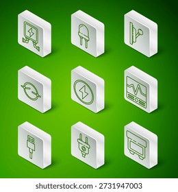 Set line Fuse, Electric plug, transformer, Lightning bolt, circuit scheme, emitting diode, USB cable cord and Electrical measuring instruments icon. Vector