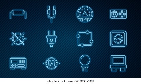 Set-Line-Sicherung, elektrische Steckdose, Ampere-Zähler, Multimeter, Voltmeter, Stecker, Schaltkreis, Resistor-Strom, und Audio-Buchse-Icon. Vektorgrafik