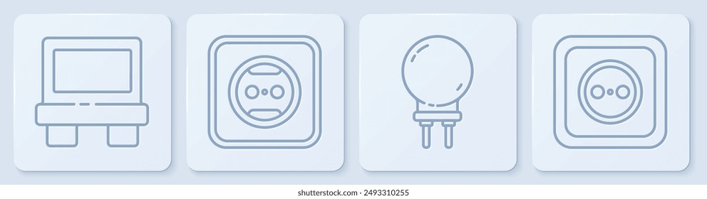 Set line Fuse, Light emitting diode, Electrical outlet and Electrical outlet. White square button. Vector