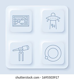 Set line Futuristic hud interface, Planet, Telescope and Satellites orbiting the planet Earth. White square button. Vector