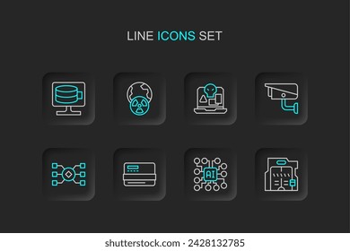 Set line Futuristic sliding doors, Neural network, Credit card, Security camera, Internet piracy, Planet earth and radiation and Cloud database icon. Vector