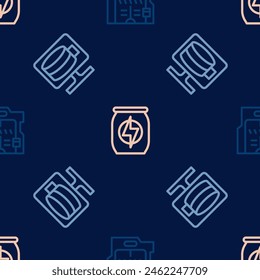 Set line Futuristic sliding doors, Cloud database and Energy drink on seamless pattern. Vector