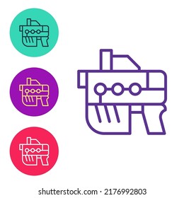 Set line Futuristic Space gun Blaster Symbol einzeln auf weißem Hintergrund. Laserpistole. Alien Weapon. Stellen Sie die Symbole bunt ein. Vektorgrafik