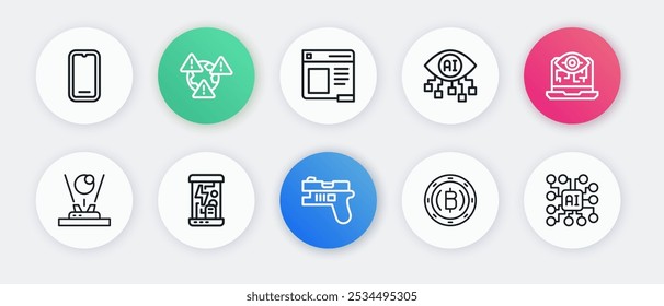 Set line Futuristic arma, visión por computadora, holograma, criptomoneda, Bitcoin, ventana del navegador, red neuronal e icono de cápsulas criogénicas. Vector