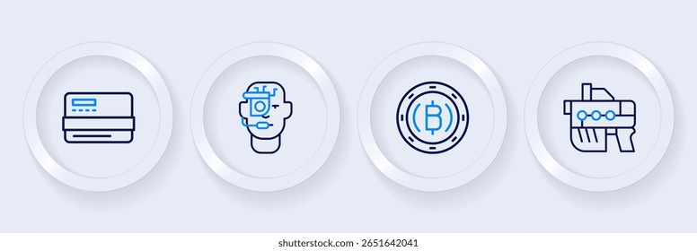Set line Futuristic arma, moneda de criptomoneda Bitcoin, gafas inteligentes e icono de tarjeta de crédito. Vector
