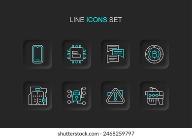 Set line Arma futurista, Signo de exclamación en triángulo, Ciberseguridad, puertas correderas, Moneda de criptomoneda Bitcoin, Chat de burbuja de voz, Procesador CPU e icono de teléfono móvil. Vector