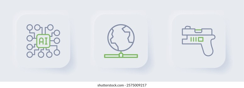 Set line Futuristic weapon, Global technology and Neural network icon. Vector