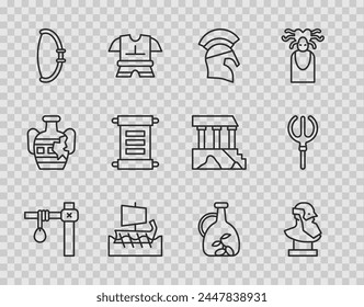 Horca, Escultura de busto antiguo, casco griego, trirreme, arco medieval, decreto, pergamino, pergamino, botella de aceite de oliva e icono de Tridente Neptuno. Vector