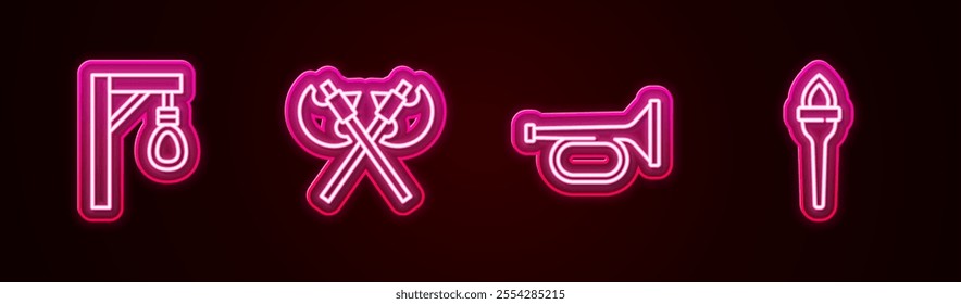 Set line Gallows, Crossed medieval axes, Trumpet and Torch flame. Glowing neon icon. Vector