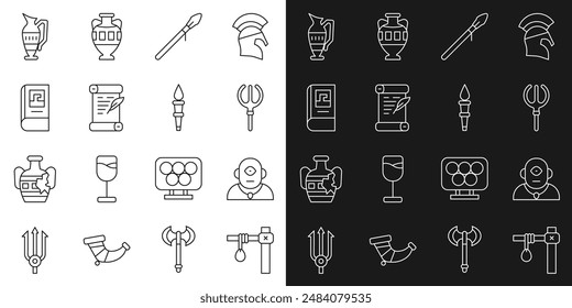 Set line Gallows, Cyclops, Neptune Trident, Medieval spear, Decree, parchment, scroll, Greek history book, Ancient amphorae and Torch flame icon. Vector