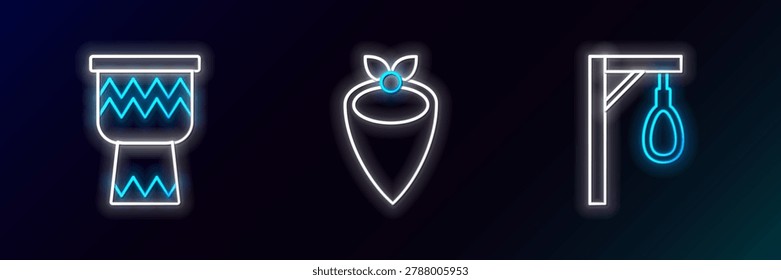 Set line Gallows, Drum and Cowboy bandana icon. Glowing neon. Vector