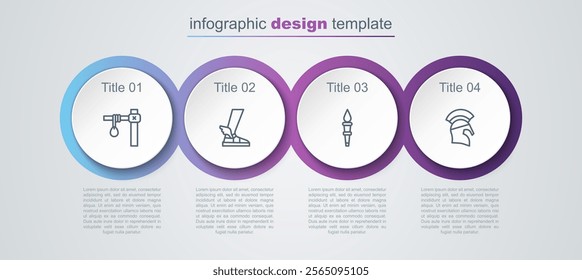 Set line Gallows, Hermes sandal, Torch flame and Greek helmet. Business infographic template. Vector