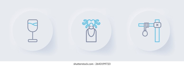 Definir linha Gallows, Medusa Gorgon e ícone de vidro de vinho. Vetor