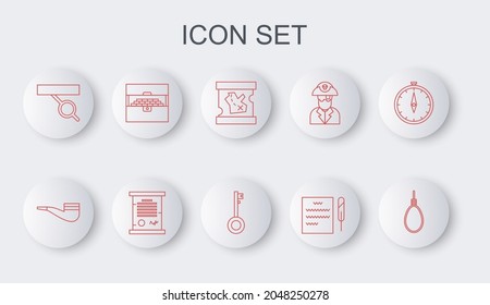 Set line Gallows rope loop hanging, Smoking pipe, Pirate treasure map, Feather pen and scroll, eye patch, Antique chest, Decree, parchment, and key icon. Vector