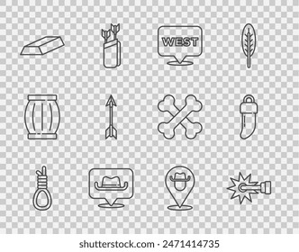 Set line Gallows rope loop hanging, Spur, Pointer to wild west, Location cowboy, Gold bars, Crossed arrows,  and Tooth icon. Vector