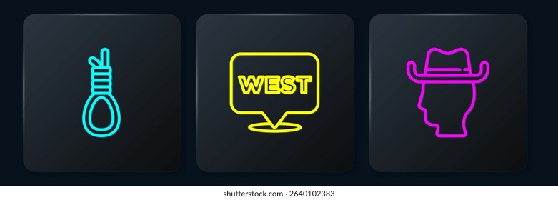 Set line Gallows rope loop hanging, Cowboy and Pointer to wild west. Black square button. Vector