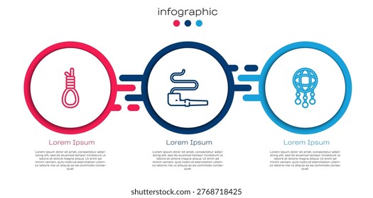 Set line Gallows rope loop hanging, Smoking pipe and Dream catcher with feathers. Business infographic template. Vector