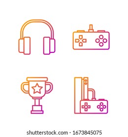 Set line Game console with joystick, Award cup, Headphones and Gamepad. Gradient color icons. Vector