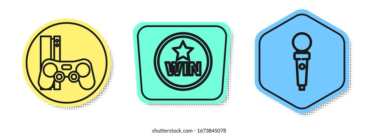 Set line Game console with joystick, Medal and Joystick for arcade machine. Colored shapes. Vector
