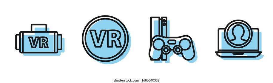 Set line Game console with joystick, Virtual reality glasses, Virtual reality glasses and Create account screen icon. Vector