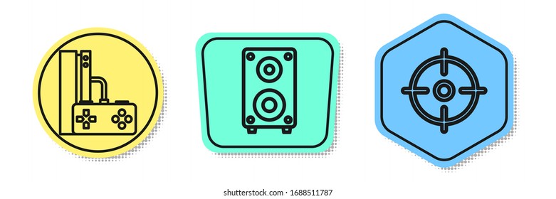 Spielekonsole mit Joystick, Stereo-Lautsprecher und Target Sport. Farbige Formen. Vektorillustration