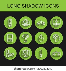 Set line Game console with joystick, Create account screen, Stereo speaker, Sword for game, Gamepad, Award cup, Head hunting concept and Computer mouse gaming icon. Vector
