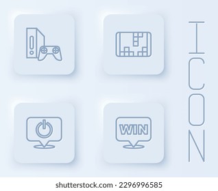 Configura la consola de juego de línea con joystick, videojuego portátil, botón de encendido y Medalla. Botón cuadrado blanco. Vector
