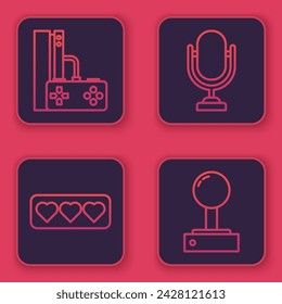 Set line Game console with joystick, Like and heart, Microphone and Joystick for arcade machine. Blue square button. Vector