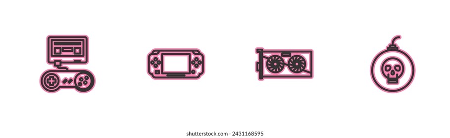Set line Game console with joystick, Video graphic card, Portable video game and Bomb ready to explode icon. Vector