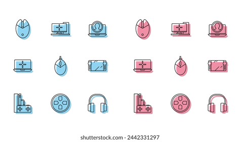 Juego de línea Consola de juegos con joystick, Gamepad, Juegos de ratón de ordenador, Auriculares, Videojuego portátil, Portátil y monitor icono. Vector