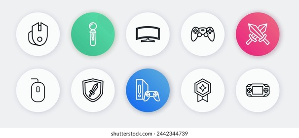 Juego de línea Consola de juegos con joystick, Espada para el juego, Ratón de ordenador, medalla de calificación, controlador, monitor, vídeo portátil e icono. Vector