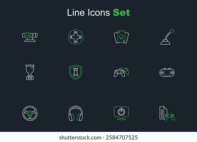 Set line Game console with joystick, Power button, Headphones, Racing simulator, Portable video game, controller, Chess shield and Award cup icon. Vector