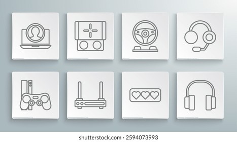 Set line Game console with joystick, Portable video game, Router and wi-fi signal, Like heart, Headphones, Racing simulator cockpit,  and Create account screen icon. Vector