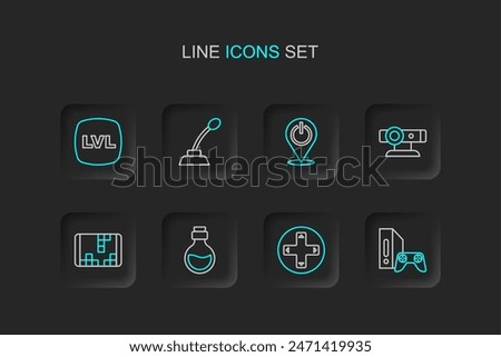 Set line Game console with joystick, controller or, Bottle magic elixir, Portable video game, Web camera, Power button, Microphone and Level icon. Vector