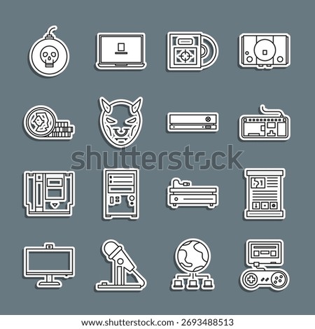 Set line Game console with joystick, guide, Computer keyboard, CD or DVD disk in box, Mask of the devil horns, Coin for game, Bomb ready to explode and Video icon. Vector