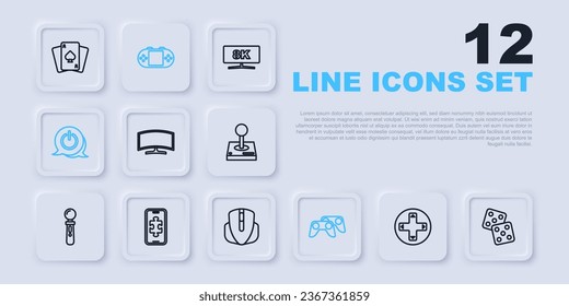 Set line Game controller or joystick, dice, Computer monitor, Power button, Mobile gaming, Portable video game console and mouse icon. Vector