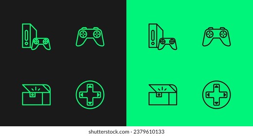 Set line Game controller or joystick, Chest for game, console with and  icon. Vector