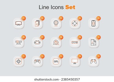 Establecer la línea Controlador de juego o joystick, Monitor de ordenador, Juego de nivel, Deportes de destino, Caso de ordenador, barra de vida e icono de botón de encendido. Vector